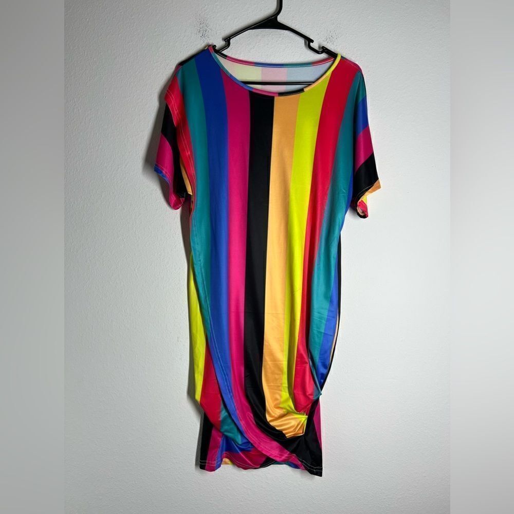Festive Yellow Multicolor Surplice T-Shirt Dress Size M